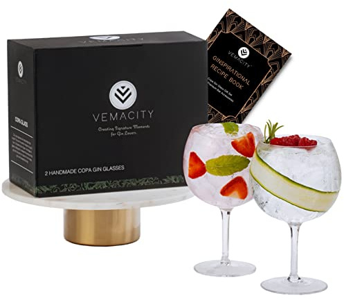 Vemacity Gin-Tonic-Gläser-Set für Gin-Liebhaber – 2 Handgefertigte Gin Gläser | Kostenloses Rezept-E-Book | Cocktail-Set
