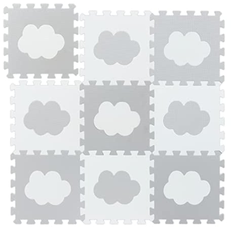 Relaxdays Puzzlematte Wolken-Muster, 18 Puzzleteile, aus schadstofffreiem EVA-Schaumstoff, BxT: 91,5 x 91,5 cm, weiß/grau