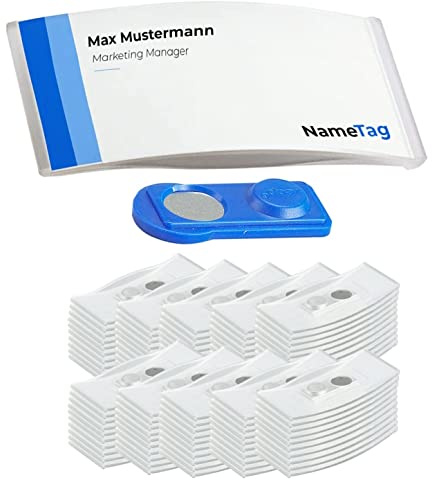 Ironix Namensschilder mit Doppelmagnet (100 Stück, Transparent) Namensetiketten für Kleidung 75x32mm, Namensschilder Magnet für Messen, Konferenzen oder Präsentationen, Magnetschilder zum Beschriften