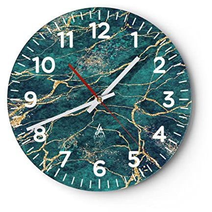 Modern Wanduhr Abstraktion Gold Türkis 30x30cm Rund Klein Wand Uhr Glas Analog Zimmeruhren Küche Büro Wohnzimmer Glasuhr Wall Clock Dekoration Design Wanddekoration Küchenuhr C4AR30x30-4564