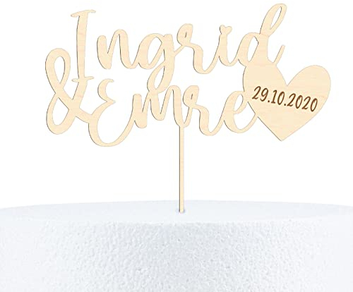 Alsino Cake Topper Liebe aus Holz Kuchenstecker personalisierbar für Paare Hochzeit Hochzeitsgeschenk personalisiert Torten Kuchen Deko - superfeine Gravur, 15 cm, Birke Multiplex