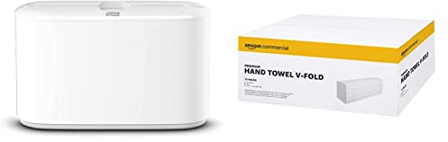 Tork Xpress Tischspender für Multifold Papierhandtücher 552200, Elevation Design -weiß, 21,8 x 32,3 x 11,6 cm & AmazonCommercial Interfold V-Falz Papierhandtücher, 2 lagig -15 Packungen, 3990 Blatt