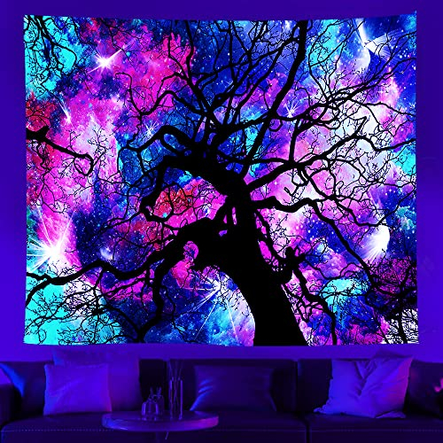 Ricemru Schwarzlicht Wandteppich Wald Nachthimmel 150x100 UV Aktiv Wandtuch Wandtücher Nacht Sternenhimmel Natur Landschaft Wandbehang Tapestry Wanddeko Home Décor