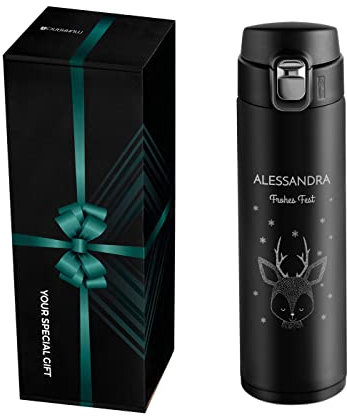 Maverton Edelstahl Trinkflasche mit Gravur 400 ml - Thermo Kaffeebecher auslaufsicher - 100% dicht - Isolierflasche mit Easy-Clean-Deckel - Thermosflasche zu Weihnachten - Rentier