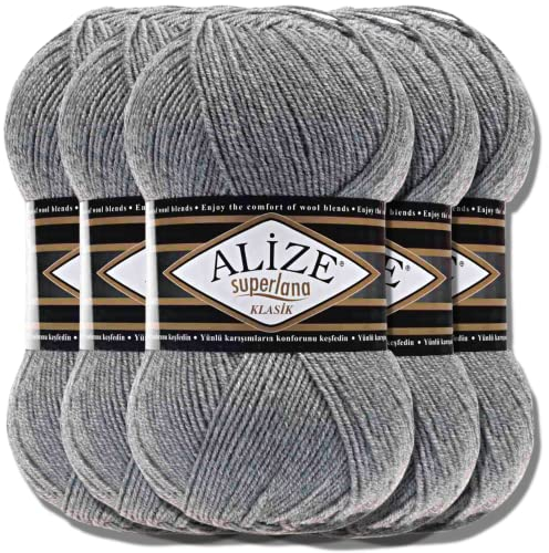 Hobby YARN Alize Superlana Klasik 5 x 100 g Türkische Premium Wolle Baumwolle und Acryl Uni Handstrickgarne Yarn Garn Strickgarn Baby zum Stricken Strickgarn (Grey Melange | 21)