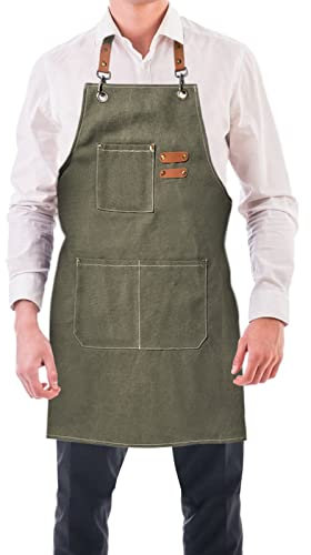 BOOWEN Delantal de Cocina Ajustable Mandiles Lona de Algodón con 3 Bolsillos Grandes Mandil Hombre Resistente al Agua y Antimanchas Delantales para Jardín, Taller, Trabajo (Verde gris)
