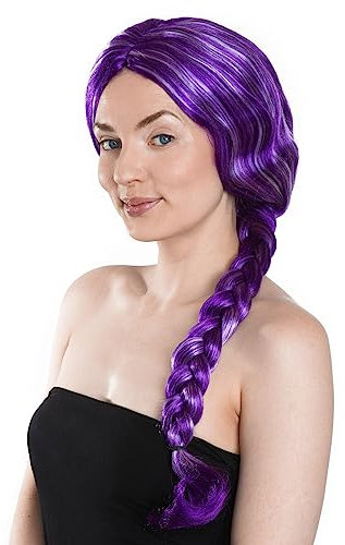 Langhaar-Perücke lila mit geflochtenem Zopf und weißen Strähnen - Kostüm-Zubehör Karneval, Halloween & Motto-Party