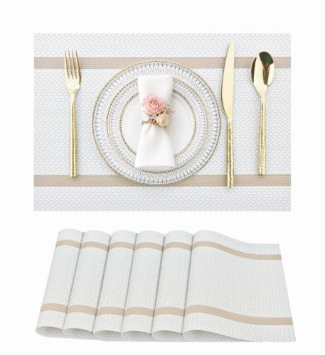 FAVE 6er Set Vinyl Platzset mit Goldfäden, Weiß, 30 x 45 cm | Hitzebeständig, leicht zu reinigen, elegante Tischdeko, Abwaschbar & wasserfeste Platzsets für Bankette, Feiern Restaurants