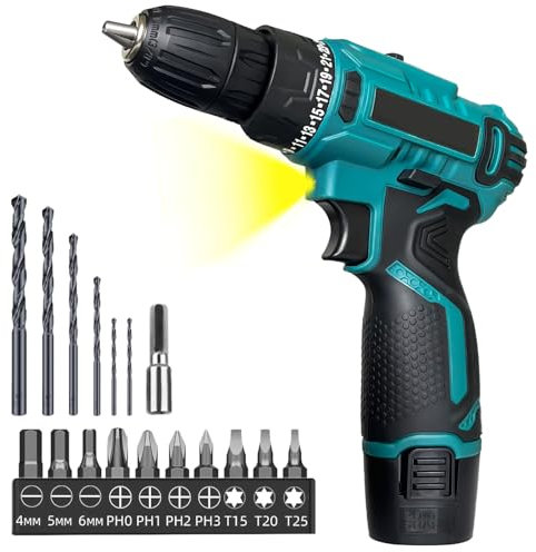 Cordless Drill Driver 12V, Electric Screwdriver with 25+1 Torque, 3/8 Chuck, 2 Speed, 45Nm Power Drill with LED Light, Battery 3.0Ah Included, Ideal for Home DIY Project
