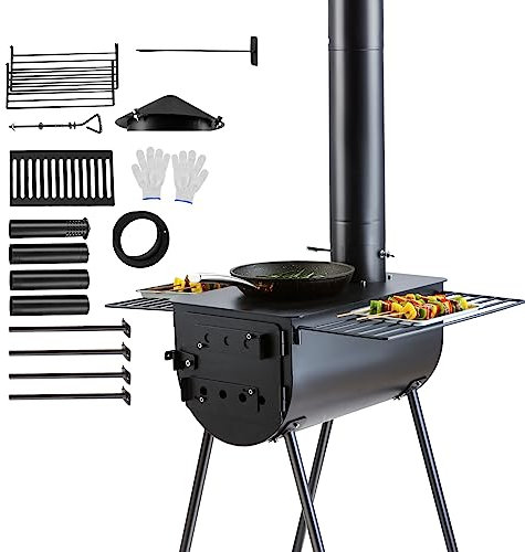 VEVOR Wood Stove, 118 inch, Alloy Steel Camping Tent Stove, Portable Wood Burning Stove with Chimney Pipes & Gloves, 3000in³Firebox Hot Tent Stove for Outdoor Cooking and Heating with 8 Pipes