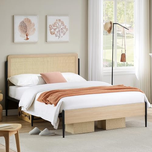 GAOMON Full Size Bed Frame with Natural Rattan Headboard and Wooden Footboard, Heavy Duty Metal Platform Bed Frame with Storage, Mattress Foundation Easy Assembly No Box Spring Needed, Rattan