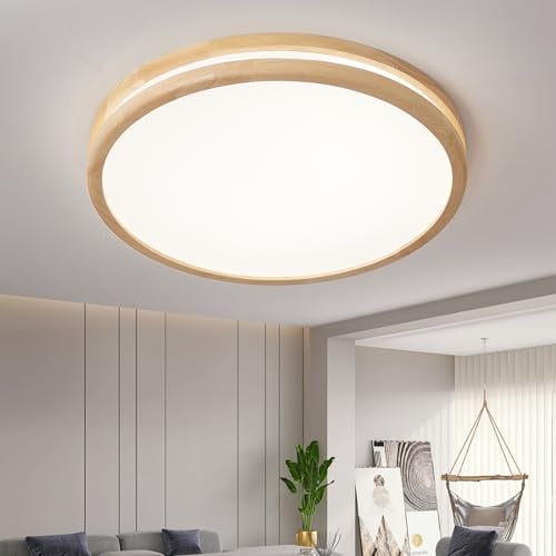 Natsen 96W Deckenleuchte LED Deckenlampe Küchenlampe Flurlampe,Voll dimmbar mit Fernbedienung, Runde Leuchte für Küche Diele Flur Balkon Ø50*6cm (Holz)