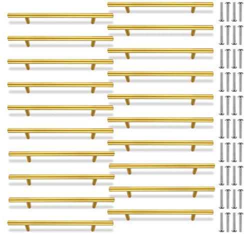 AHAQU 20PCS Gold Cabinet Handles, 200mm (128mm Hole Center) Stainless Steel Kitchen Cupboard Handles, T Bar Wardrobe Handles Drawer Pulls for Furniture