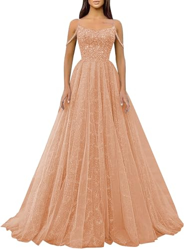 Generic Glitzernde Pailletten-Abschlussballkleider SpaghettiträGer Glitzer-TüLl,Formelle Ballkleider Schulterfreies A-Linien-Partykleid FüR Frauen Rose Gold S
