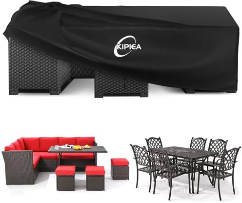 Kipiea Abdeckung Gartenmöbel Wasserdicht, Winterfest Schutzhülle Gartenmöbel 420D Oxford Gewebe Abdeckplane Gartenmöbel für Gartentische Terrassenmöbel Outdoor-Tisch Rechteckig - 279x188x71cm