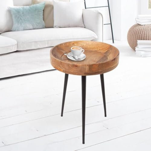 LEBENSwohnART Eleganter Mangoholz Beistelltisch ARTE Natural rund D45cm Schwarze Metallbeine