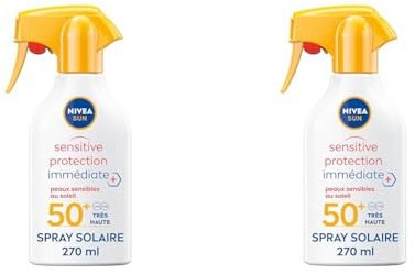 NIVEA SUN Spray solaire Sensitive Protection Immédiate Peaux Sensibles FPS 50+ (1 x 270 ml), Protection solaire non grasse et sans parfum, Crème solaire résistante à l’eau (Lot de 2)