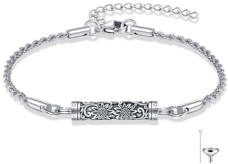 DAYLINLOVE Sonnenblume Urne Armband 925 Sterling Silber Zylinder Kremation Schmuck für Asche Sonnenblume Erinnerung Urne Medaillons für Asche Keepsake Armband für Frauen Mom