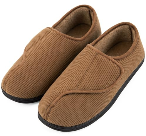 LongBay Men's Diabetic Wide Fit Slippers Comfy Warm Plush Fleece Memory Foam Arthritis Edema Swollen House Shoes Khaki 10UK