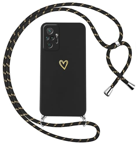 Oelrstfe Coque pour Xiaomi Redmi Note 10 Pro 4G avec Cordon de Collier Étui Housse Souple Silicone avec Motif Coeur et Portable Lanyard Réglable Antichoc Anti-Chute Bandoulière Lanière Case,Noir