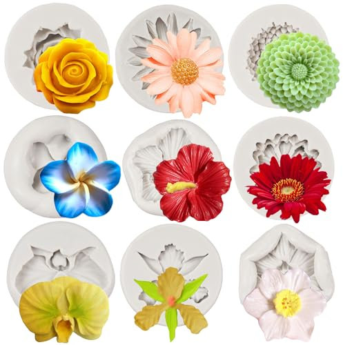 MYPRACS Stampo in silicone per glassa, orchidea, rosa, crisantemo, plumeria, fiori di ibisco, decorazione per torte, cupcake, topper per cioccolato, caramelle, argilla polimerica, set da 9