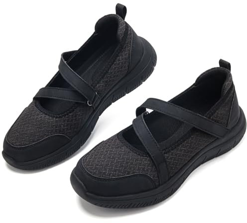 Womens Mary Jane Shoes Comfort Memory Foam Arch Support Orthopedic Shoes Ladies Trainers Casual Lightweight Hook and Loop Flats All Black UK 5.5