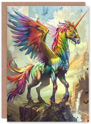 Artery8 Greeting Card Rainbow Warrior Unicorn Fantasy Concept Art For Child Kids Birthday Card