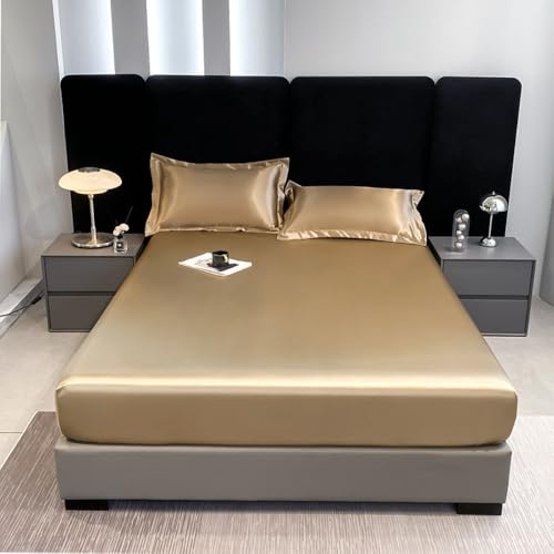 Nayoroom Spannbettlaken 180x200 cm Boxspringbett Gold Satin Bettlaken Glatt Entspanno Seide Glanzsatin Matratzenbezug Gummizug Matratzentopper Seiden Spannbetttuch für Topper Matratze bis Höhe 30cm