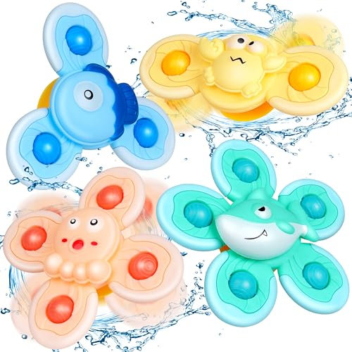 Saugnapf Spinner Spielzeug für Baby, 4 Stück Baby Fidget Spinner, badewannenspielzeug/Reisespielzeug/Sensorik Spielzeug/Fenster Spinner Spielzeug, Weihnachten Geburtstag Geschenke für Kleinkinder