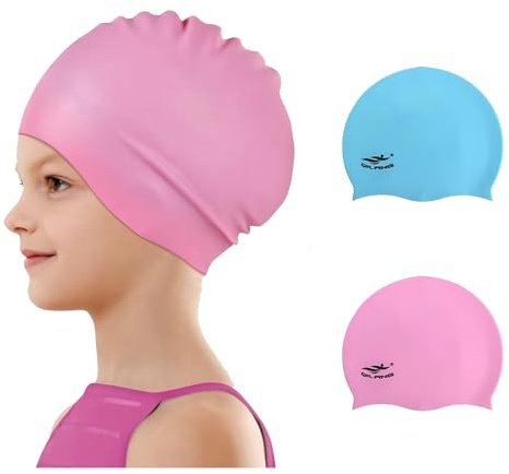 2 Pcs Swimming Caps for Kids, Elastic Silicone Swimming Hat Waterproof Super Stretch Swim Cap for Long and Short Hair Girls Boys Kids Teens Children