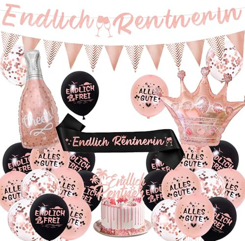 Xietaea Rente Deko Set Rosegold - Ruhestand Luftballons Endlich Rentnerin Girlande und Schärpe, Tortendeko Folienballons für Frauen Abschiedsfeier Pensionierung Party Dekoration