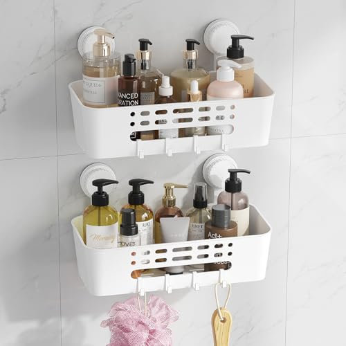 Lifewit Cestino per Doccia a Ventosa da Parete, 31,4 cm Mensola Doccia senza Foratura, Organizer Bagno in Plastica Rimovibile per Gel Shampoo, Gel Lavaggio viso, Bianco, 2 Confezioni