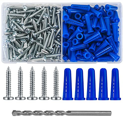 200 Pcs Conical Concrete Wall Anchors and Screws for Drywall, 10# Blue Conical Anchor and Self Tapping Screws, Includes 100 Pcs Drywall Anchors, 100 Pan Head Screw, 1 x Drill Bit (Blue)