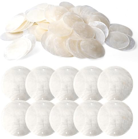 100 Piezas Conchas Redondas Con 2 Agujero, 50mm Discos De Nácar Con Agujero, Mini Disco Redondo Ideal Para Decoración De Bricolaje, Cortina De Perlas, Decoración De Ventanas, Hacer Joyas(Blanco)