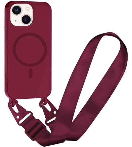 SLWYF Magnetische Handykette für iPhone 13 Hülle, Handyhülle Kompatibel mit MagSafe, mit Band Silikon Seil Necklace Handyhülle PU Stoßfest mit Abnehmbar Hülle, Rot