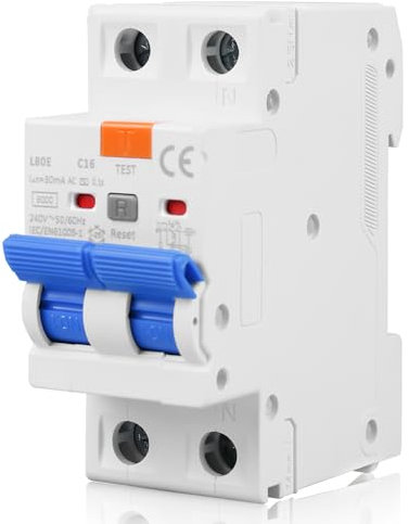 Aicharynic Fi Schutzschalter 16A 30mA 2 Polig, Fi Schalter AC 230V 30mA 1P+N Schutzschalter RCBO 6KA Fehlerstromschutzschalter Sicherungsautomat mit Ableitstromschutz Überlast und Kurzschlussschutz