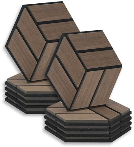 Homestyle4u 10 Stück Hexagon Akustikplatten 30x26x2 cm Braun Wandpaneele Akustische Behandlung Schallschutz Wanddekoration