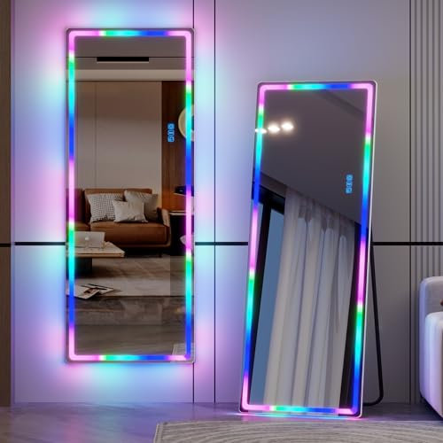 LVSOMT RGB Ganzkörperspiegel mit Beleuchtung, 153x50cm Standspiegel Ganzkörperspiegel Ohne Rahmen, LED Wandspiegel Groß für Schlafzimmer Wohnzimmer, 7 Dynamische Modi und 7 Farben Licht, Weiß