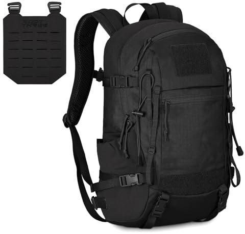ROOT THREE Taktischer Rucksack 25L Trekkingrucksack Military Molle Rucksack Wasserdichter Wanderrucksack Outdoor Trekking Camping Wandern Reisen für Damen Herren (Schwarz)