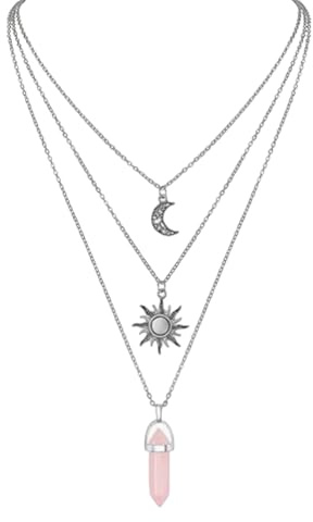 GlamRays Gotischer Sonne und Mond Halskette für Frauen, Kristall Anhänger, Y2k Accessoires Schmuck, Layered Crescent Mond Halskette