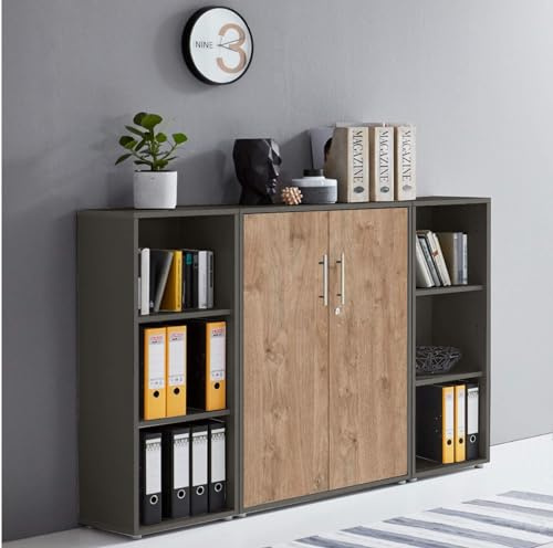 moebel-dich-auf Aktenschrank TABOR 2 abschließbar Highboard Büroschrank 2 Türen 6 offene Fächer Korpus anthrazit Front Gold Harbor Oak