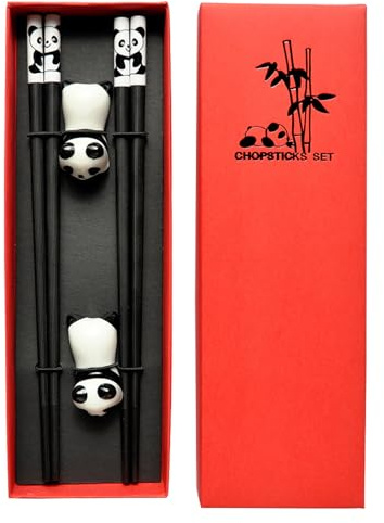 Chopstick Set - Chinese Chop Sticks | Reusable Chopstick Set | Chinese Chopsticks for Eating | Panda Dishwasher Safe 9.4 Inch Chop Sticks Panda with Ceramic Holders for Home & Restaurant Cooking