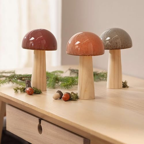 Dekoleidenschaft 3X Dekofigur Glossy aus Porzellan & Holz, große Deko Pilze, 16 cm hoch, Pilzset, Herbstdeko, Pilzdeko