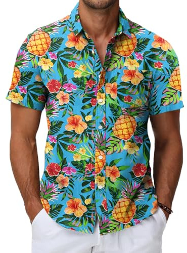 HMIYA Herren Hawaii Hemd Männer 100% Baumwolle Unisex Kurzarm Vordertasche Button Down Sommer Freizeit Urlaub Strand