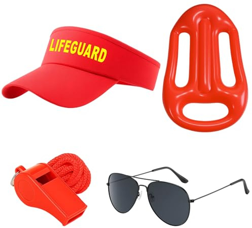 DvBCNMe 4 Stück Baywatch Kostüm für Damen und Herren mit Hut, Brille, Pfeife und Surfbrett – perfekt für Strandpartys, Halloween und andere Kostümfeste.