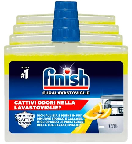 Finish Cura Lavastoviglie Limone Additivo per Pulizia Profonda a Ciclo Vuoto Previene Cattivi Odori Rimuove Sporco e Calcare Migliora le Prestazioni Formula Bifasica - 4 Trattamenti
