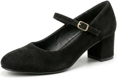 Golden Beads Women’s Elegant Mary Jane Low Mid-Block Heels Pumps Round Toe Cushioned Ankle Strap Court Shoes Work Party Shoes
