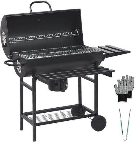 Barbecue A Carbone Con Coperchio Termometro Integrato Grill BBQ In Acciaio Con Ruote Ripiani E Ventilazione Regolabile Pinza E Guanti Ideale Per Giardino Terrazzo E Balcone 112 x 63.5 x 97 Cm Nero