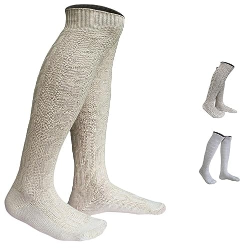 German Wear Trachtenstrümpfe EXTRA LANGE Trachtensocken Zopfmuster Baumwolle overknee Strümpfe - passend zu kurze Lederhosen - 70cm -Natur - 41-43