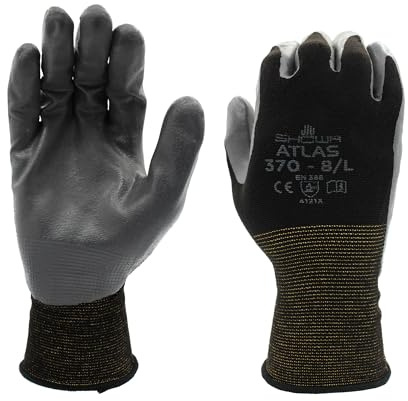 SHOWA Atlas 370B Professional Nitrile Work Gloves, Breathable High-Dexterity Precision Grip for Landscaping, Gardening & Assembly, General Purpose Gloves, Black, Large, 12-Pack